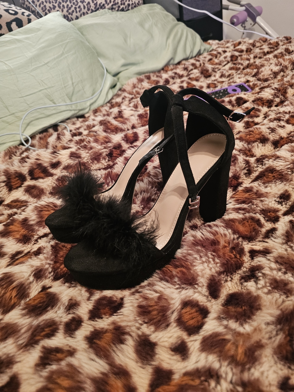 SHEIN Black Faux Fur Block Heel Sandals with Ankle Strap
